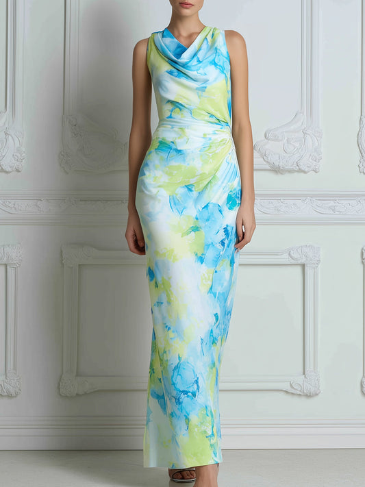 Draped Cowl Neck Printed Maxi Dress