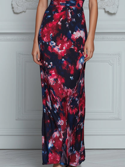 Off-Shoulder Ruched Bodice Printed Maxi Dress