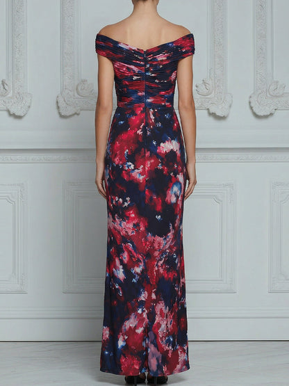 Off-Shoulder Ruched Bodice Printed Maxi Dress
