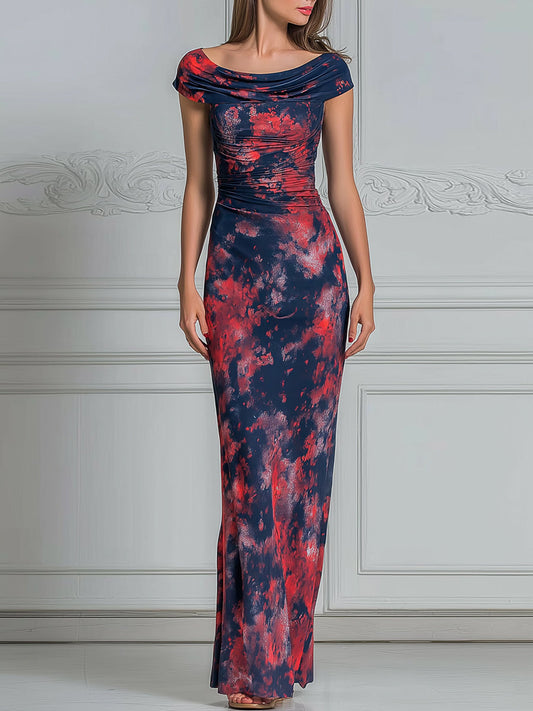 Off-Shoulder Draped Printed Bodycon Maxi Dress