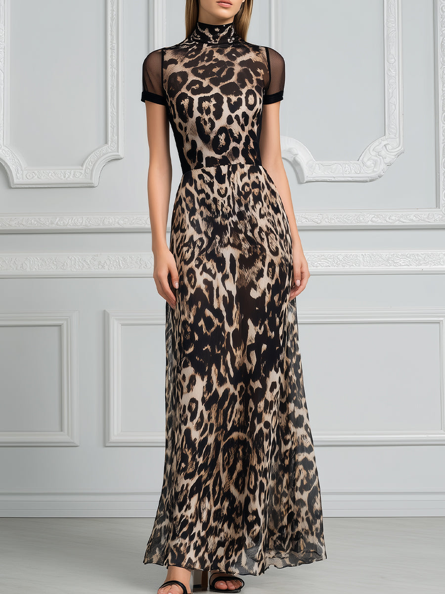 High-Neck Mesh Panel Leopard Print Maxi Dress