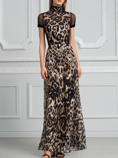 High-Neck Mesh Panel Leopard Print Maxi Dress