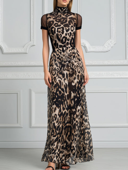High-Neck Mesh Panel Leopard Print Maxi Dress