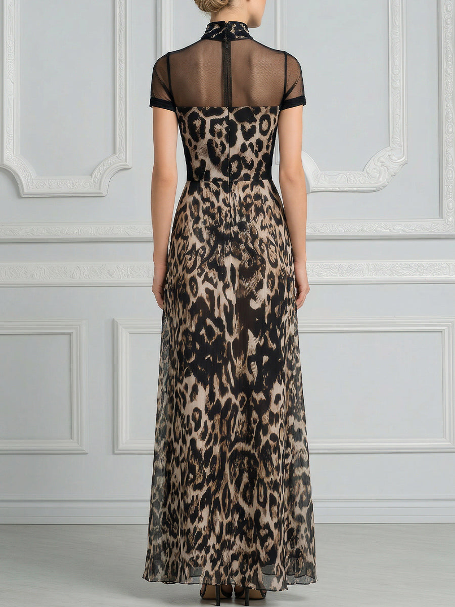 High-Neck Mesh Panel Leopard Print Maxi Dress