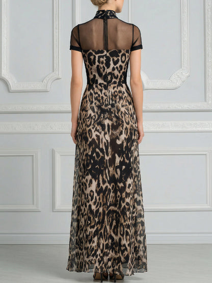 High-Neck Mesh Panel Leopard Print Maxi Dress