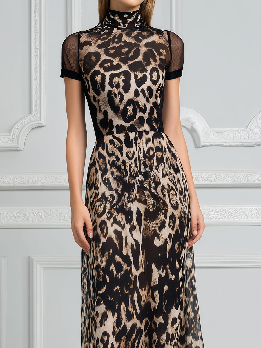 High-Neck Mesh Panel Leopard Print Maxi Dress