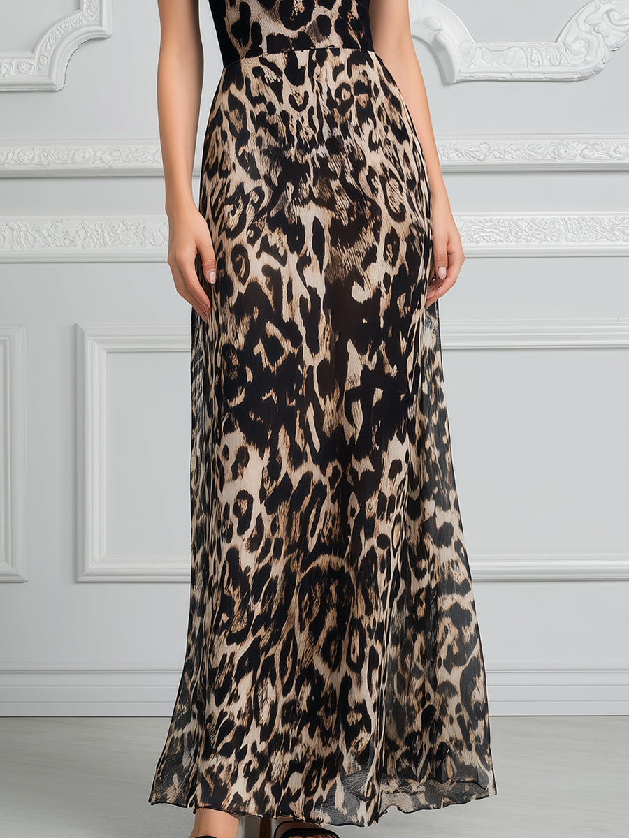 High-Neck Mesh Panel Leopard Print Maxi Dress