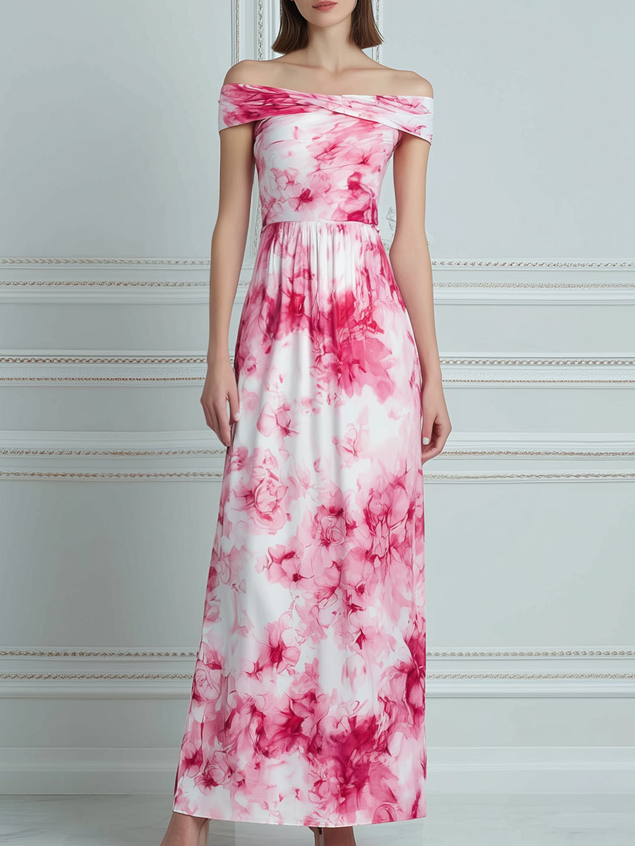 Off-Shoulder Floral Print A-Line Maxi Dress