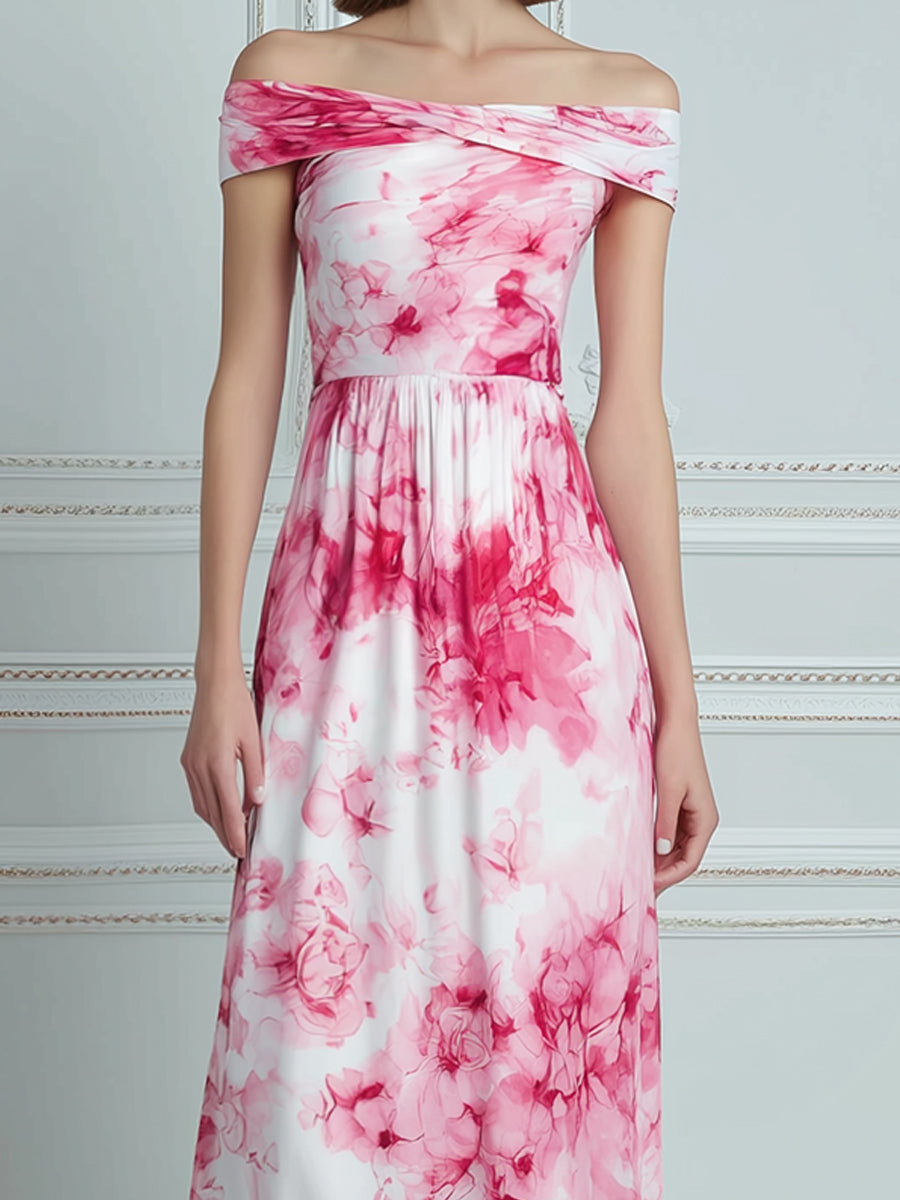 Off-Shoulder Floral Print A-Line Maxi Dress