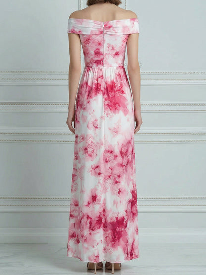 Off-Shoulder Floral Print A-Line Maxi Dress