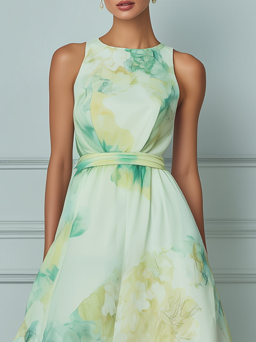 Elegant Green And Yellow Watercolor Floral Print Sleeveless Flowing