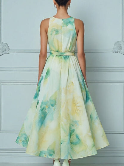 Elegant Green And Yellow Watercolor Floral Print Sleeveless Flowing
