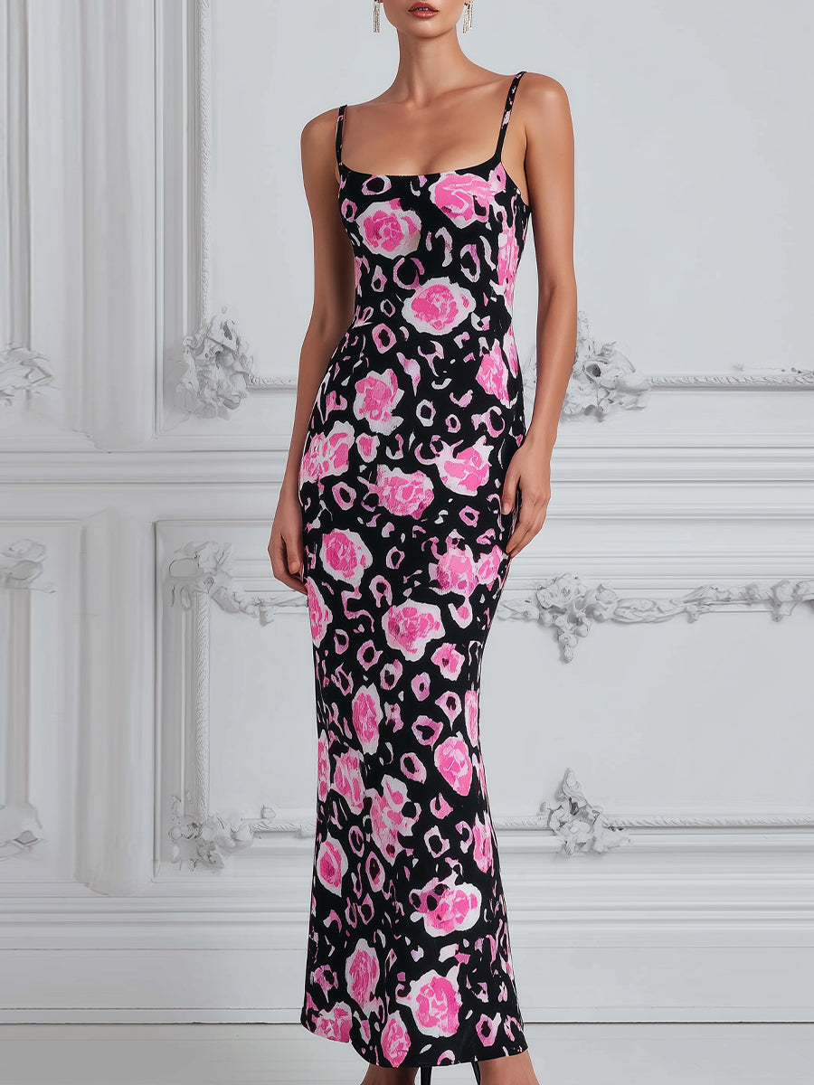 Square-Neck Floral Leopard Print Bodycon Maxi Dress