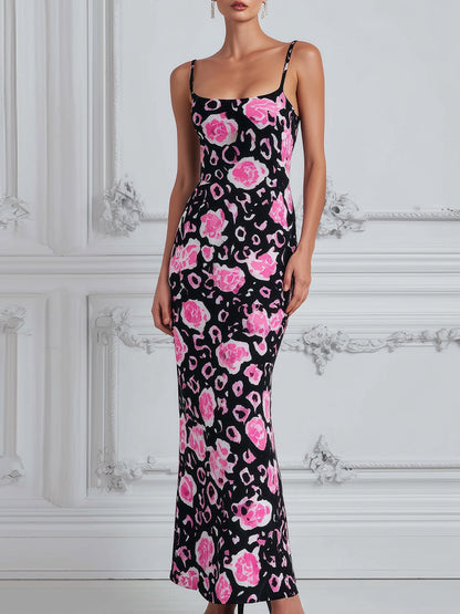 Square-Neck Floral Leopard Print Bodycon Maxi Dress