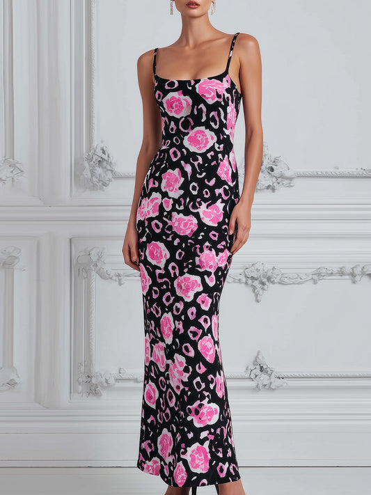 Square-Neck Floral Leopard Print Bodycon Maxi Dress