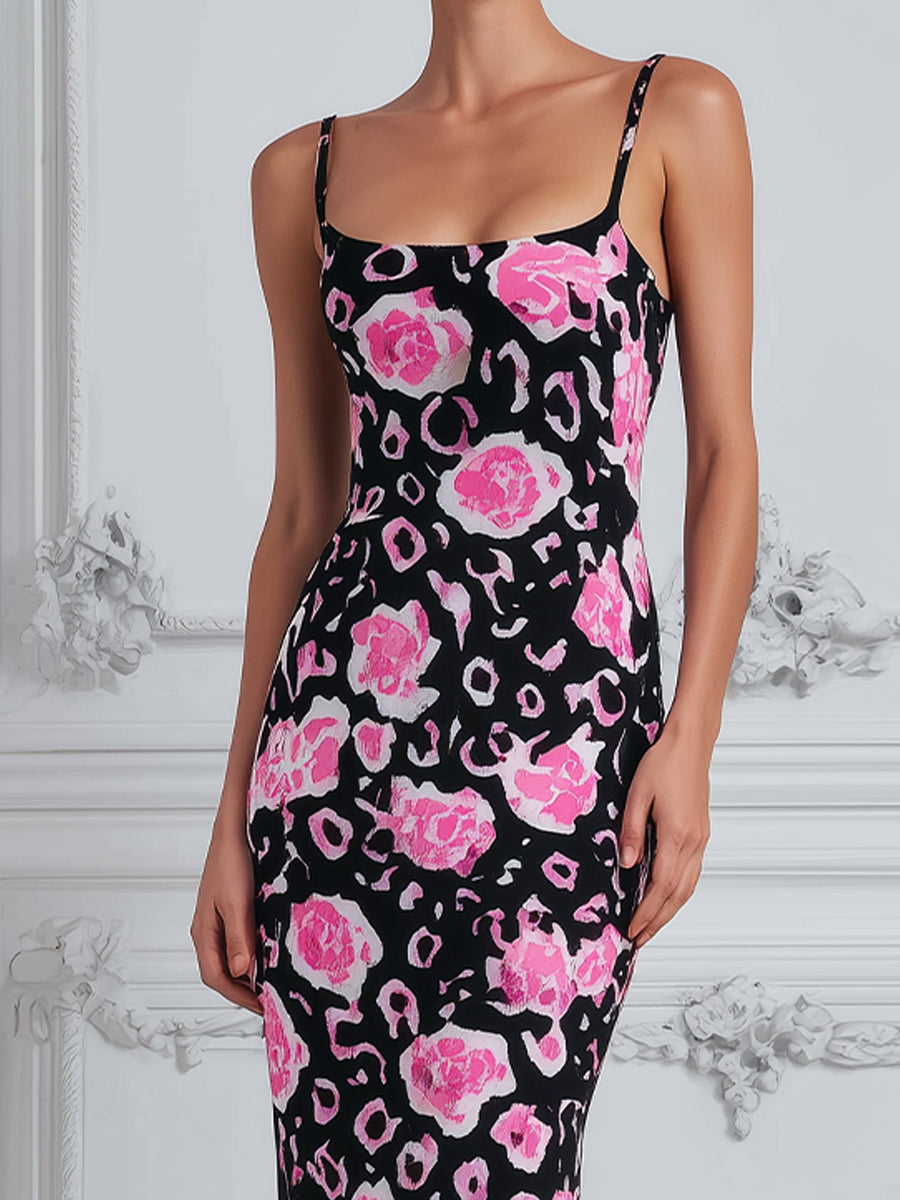 Square-Neck Floral Leopard Print Bodycon Maxi Dress