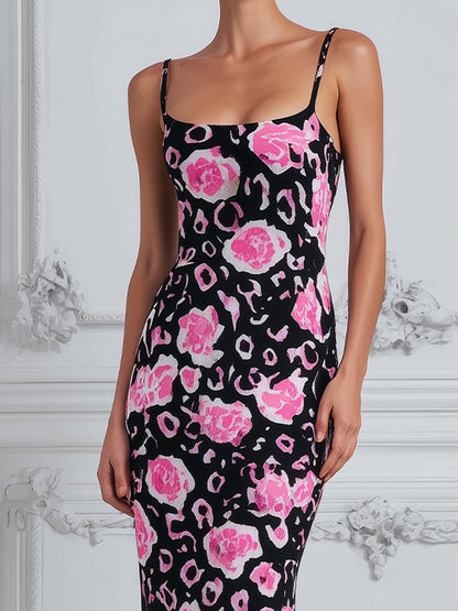 Square-Neck Floral Leopard Print Bodycon Maxi Dress