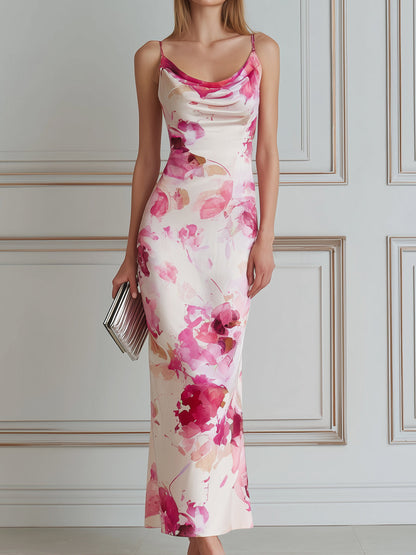 Cowl-Neck Floral Print Bodycon Maxi Dress