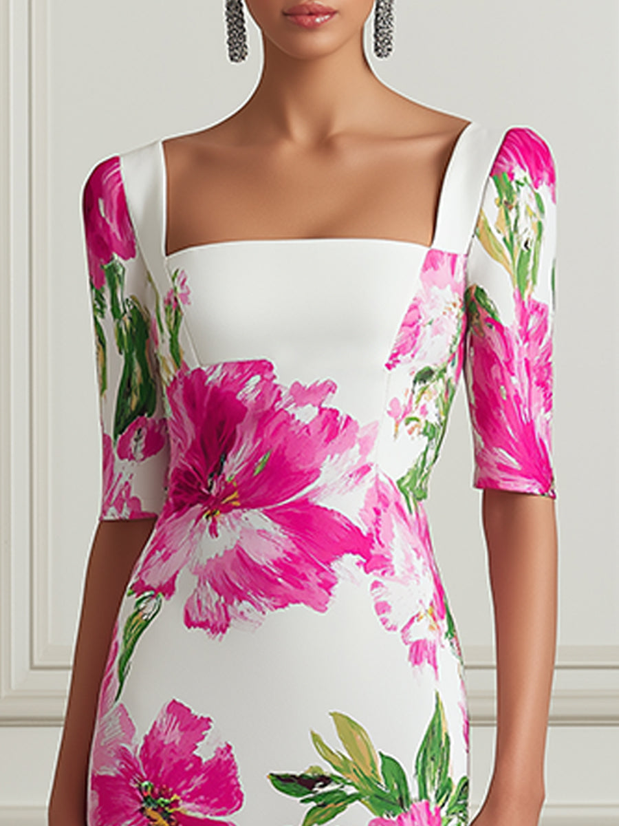 Elegant Floral Square-Neck Midi Sheath Dress