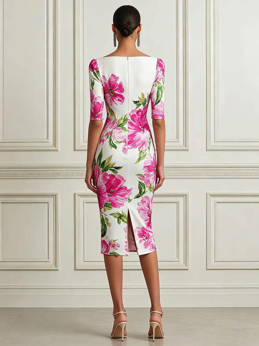 Elegant Floral Square-Neck Midi Sheath Dress