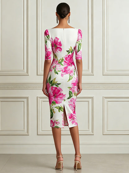 Elegant Floral Square-Neck Midi Sheath Dress