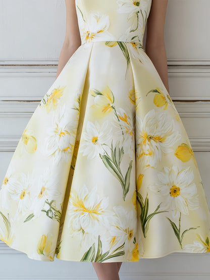 Elegant Yellow & White Floral Print Sleeveless Midi Dress