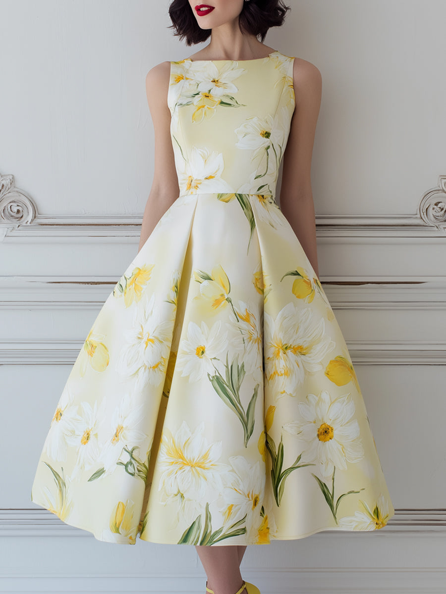 Elegant Yellow & White Floral Print Sleeveless Midi Dress