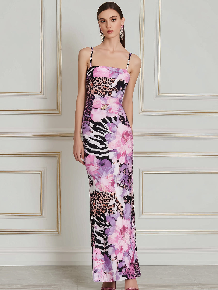 Square-Neck Mixed Print Bodycon Maxi Dress