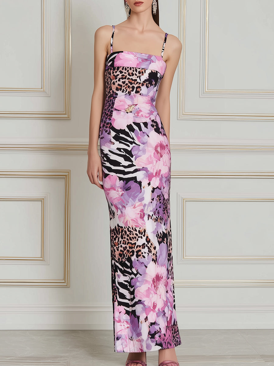 Square-Neck Mixed Print Bodycon Maxi Dress