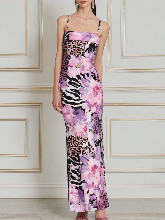 Square-Neck Mixed Print Bodycon Maxi Dress