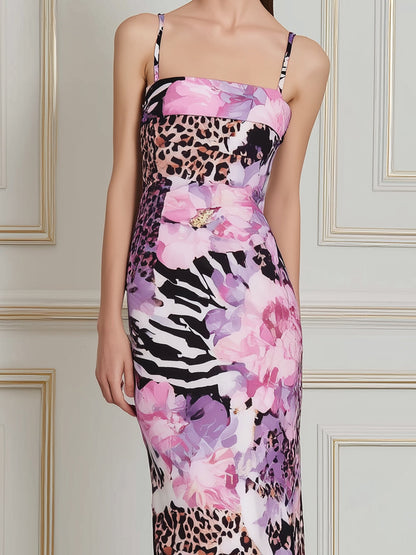 Square-Neck Mixed Print Bodycon Maxi Dress