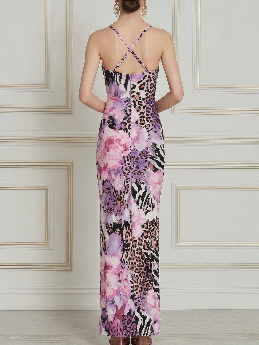 Square-Neck Mixed Print Bodycon Maxi Dress
