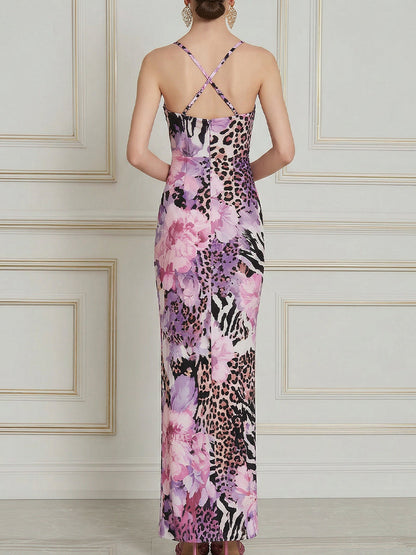 Square-Neck Mixed Print Bodycon Maxi Dress