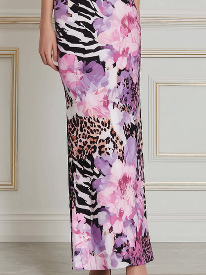 Square-Neck Mixed Print Bodycon Maxi Dress