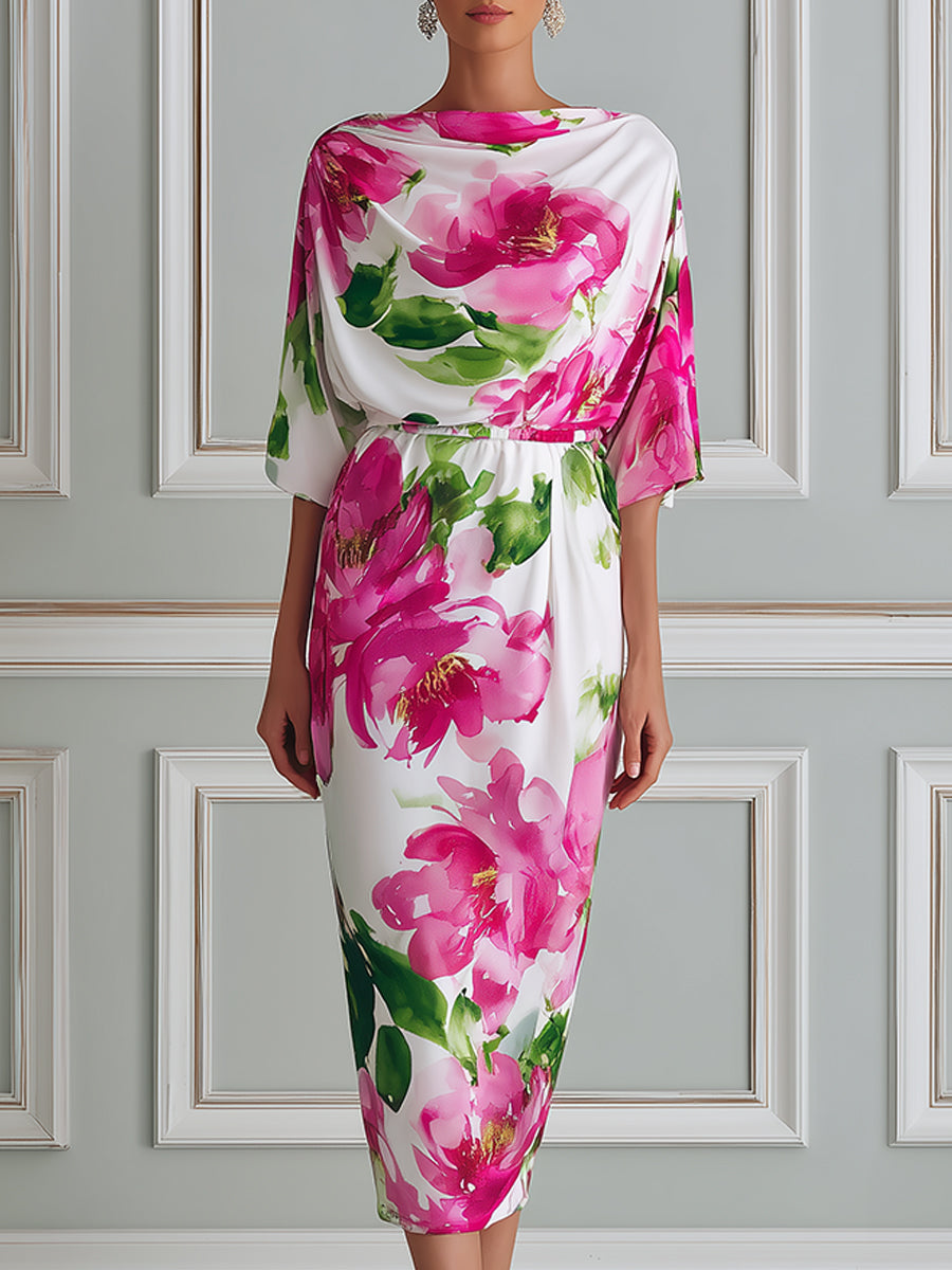 Elegant Watercolor Floral Batwing Midi Dress