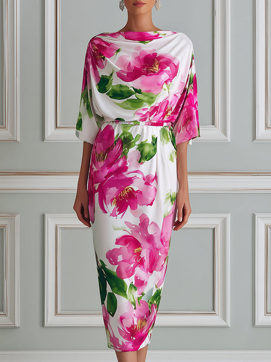 Elegant Watercolor Floral Batwing Midi Dress
