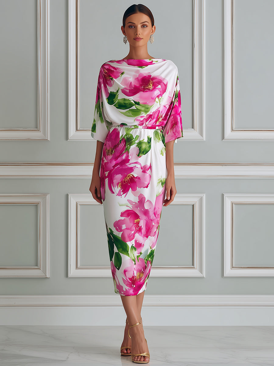 Elegant Watercolor Floral Batwing Midi Dress