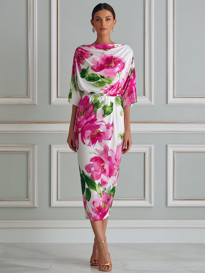 Elegant Watercolor Floral Batwing Midi Dress