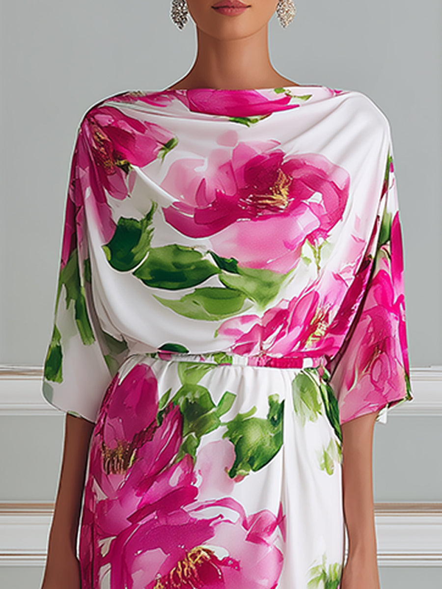 Elegant Watercolor Floral Batwing Midi Dress