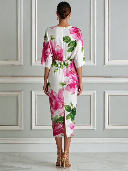Elegant Watercolor Floral Batwing Midi Dress