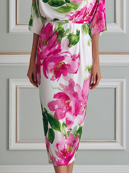 Elegant Watercolor Floral Batwing Midi Dress