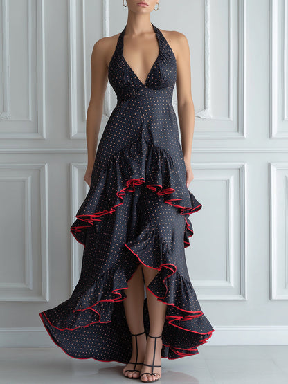 Halter Neck Ruffle High-Low Maxi Dress