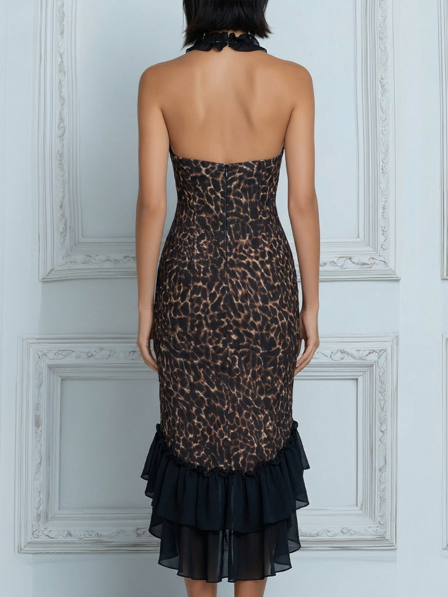 Halter Neck Asymmetric Ruffle Hem Bodycon Dress
