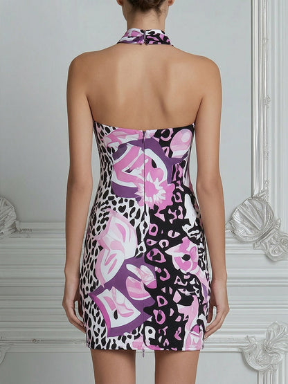 Halter Neck Mixed Print Bodycon Mini Dress