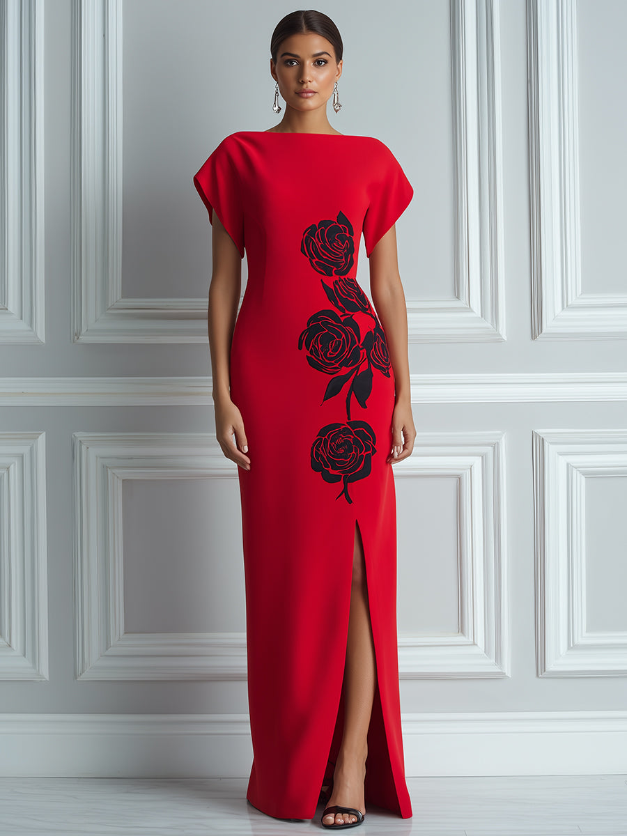 Elegant Rose Print Column Gown