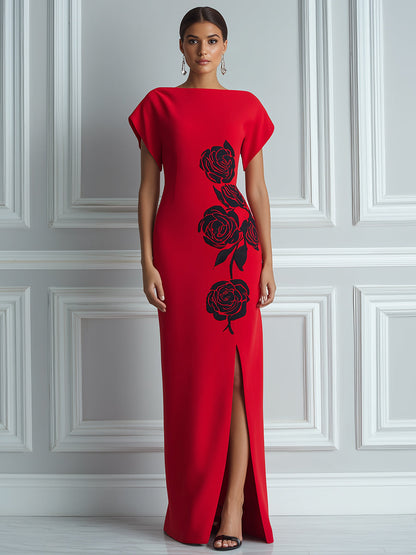 Elegant Rose Print Column Gown
