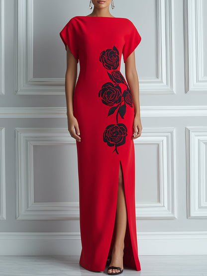 Elegant Rose Print Column Gown