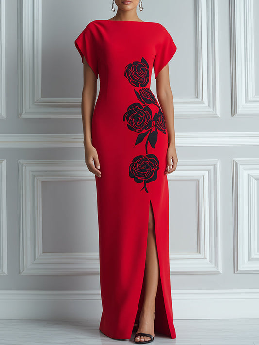 Elegant Rose Print Column Gown