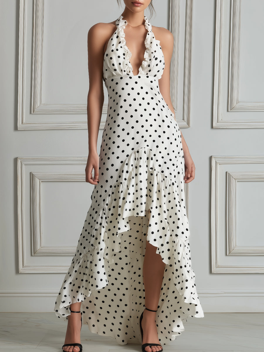 V-Neck Polka Dot Ruffle Strap Bodycon Midi Dress