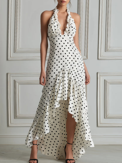 V-Neck Polka Dot Ruffle Strap Bodycon Midi Dress